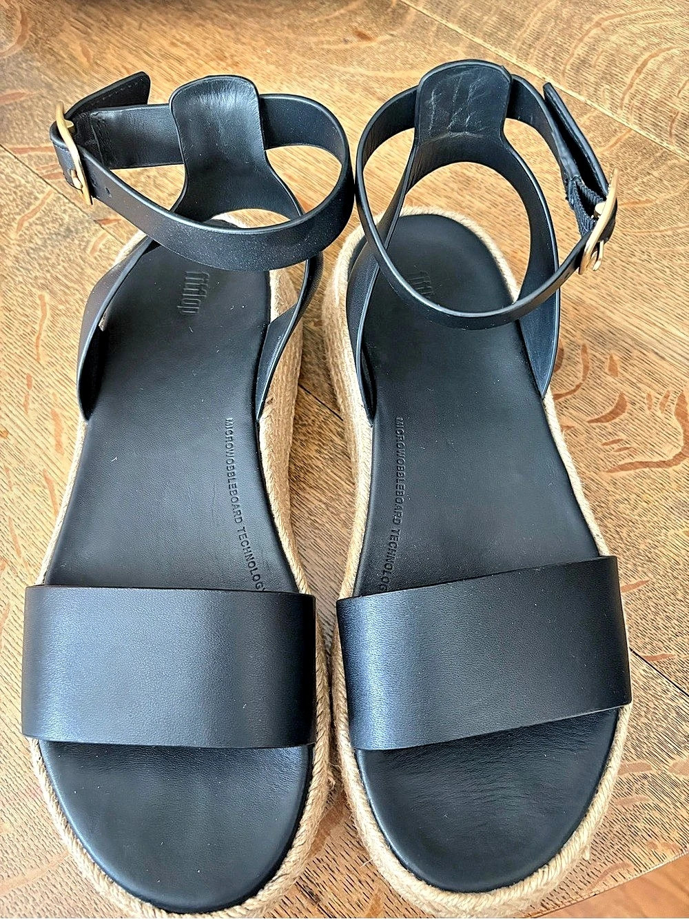 FitFlop F-Mode Espadrille Leather Flatform Ankle-Strap Sandals Black Size 9/EU 4